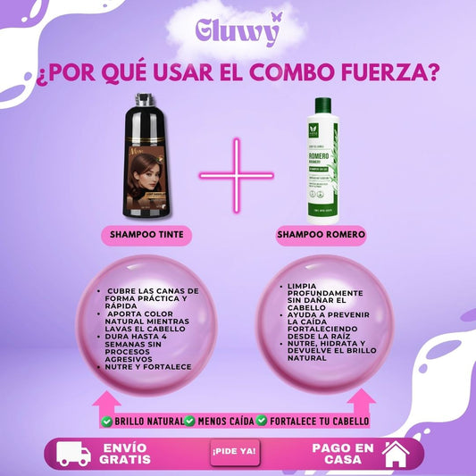 COMBO FUERZA + COLOR (SHAMPOO TINTE CUBRE CANAS 400 ML + SHAMPOO ROMERO 500ML)