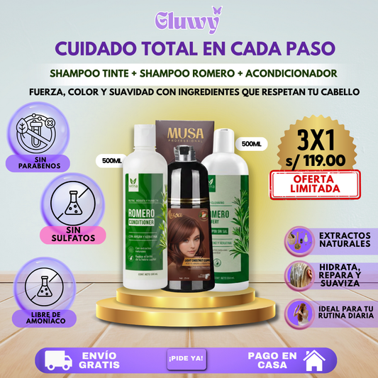 TRÍO CAPILAR COMPLETO (SHAMPOO TINTE + SHAMPOO ROMERO + ACONDICIONADOR DE ROMERO)
