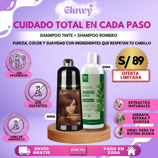 COMBO FUERZA + COLOR (SHAMPOO TINTE CUBRE CANAS 400 ML + SHAMPOO ROMERO 500ML)