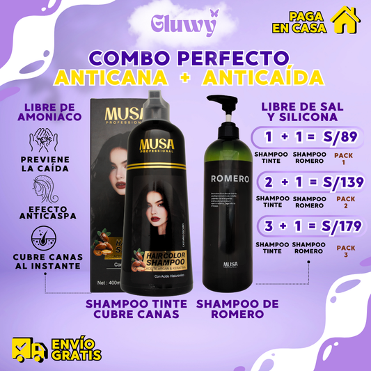 COMBO FUERZA + COLOR (SHAMPOO TINTE CUBRE CANAS + SHAMPOO ROMERO)