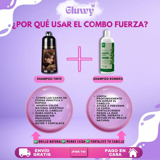 COMBO FUERZA + COLOR (SHAMPOO TINTE CUBRE CANAS 400 ML + SHAMPOO ROMERO 500ML)
