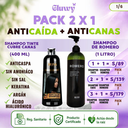 COMBO MUSA ANTICANAS + ANTICAÍDA (SHAMPOO TINTE CUBRE CANAS 400 ML + SHAMPOO ROMERO 1 LITRO)
