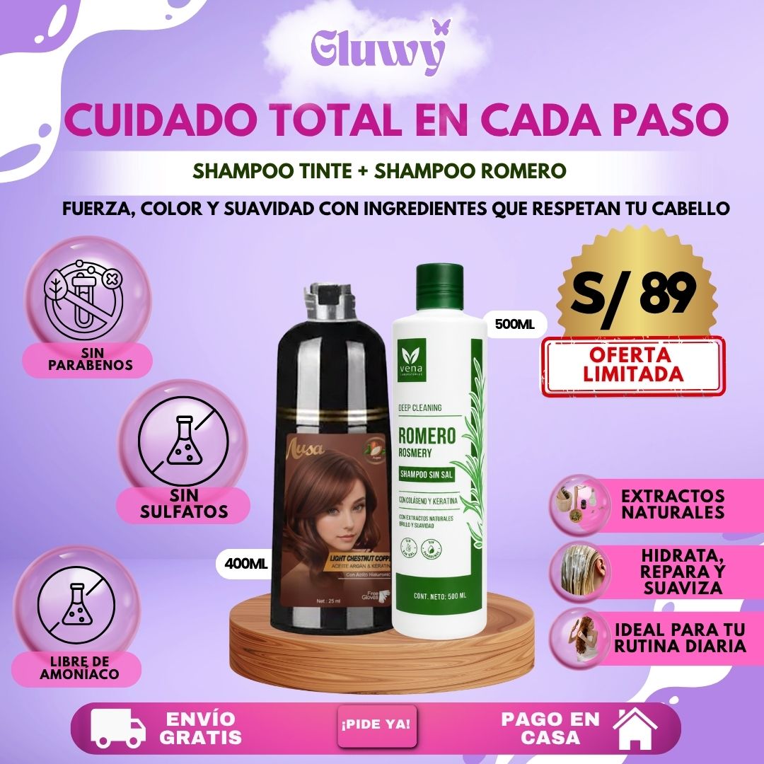 COMBO FUERZA + COLOR (SHAMPOO TINTE CUBRE CANAS 400 ML + SHAMPOO ROMERO 500ML)