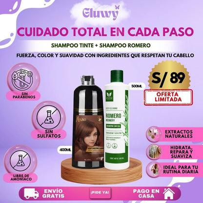 COMBO FUERZA + COLOR (SHAMPOO TINTE CUBRE CANAS 400 ML + SHAMPOO ROMERO 500ML)
