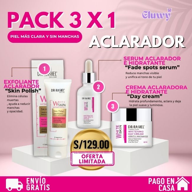 PACK ACLARADOR(EXFOLIANTE+SERUM+CREMA HUMECTANTE DE DÍA)