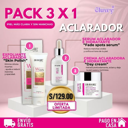 PACK ACLARADOR(EXFOLIANTE+SERUM+CREMA HUMECTANTE DE DÍA)